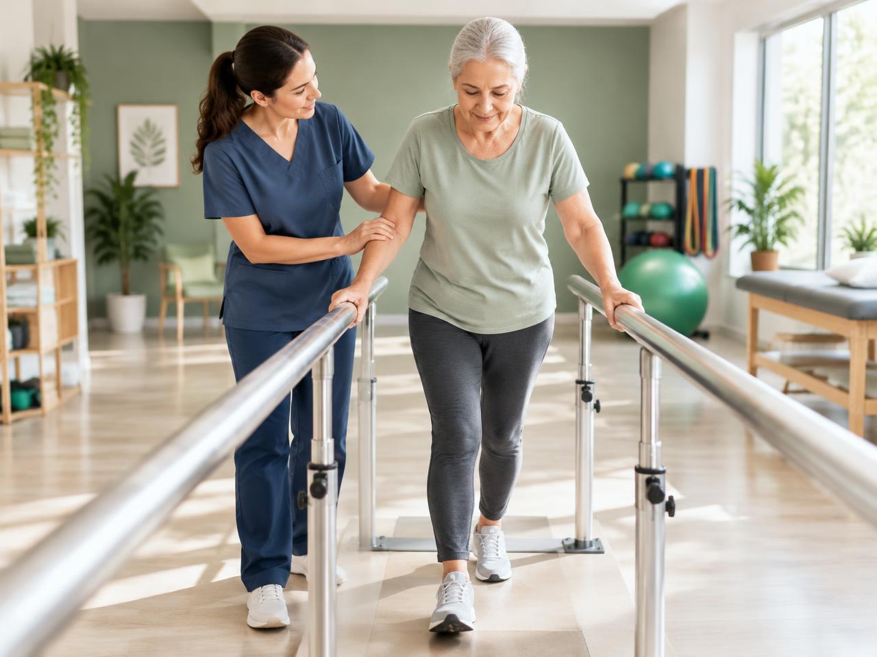 Illustrative photograph: a physiotherapist supporting a patient's walking and balance exercise