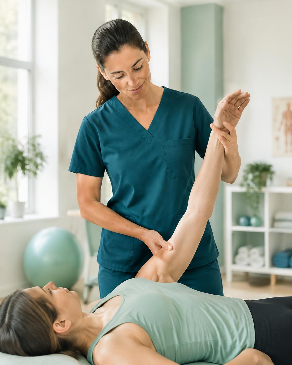 A physiotherapist guiding a patient through a supervised stretching exercise